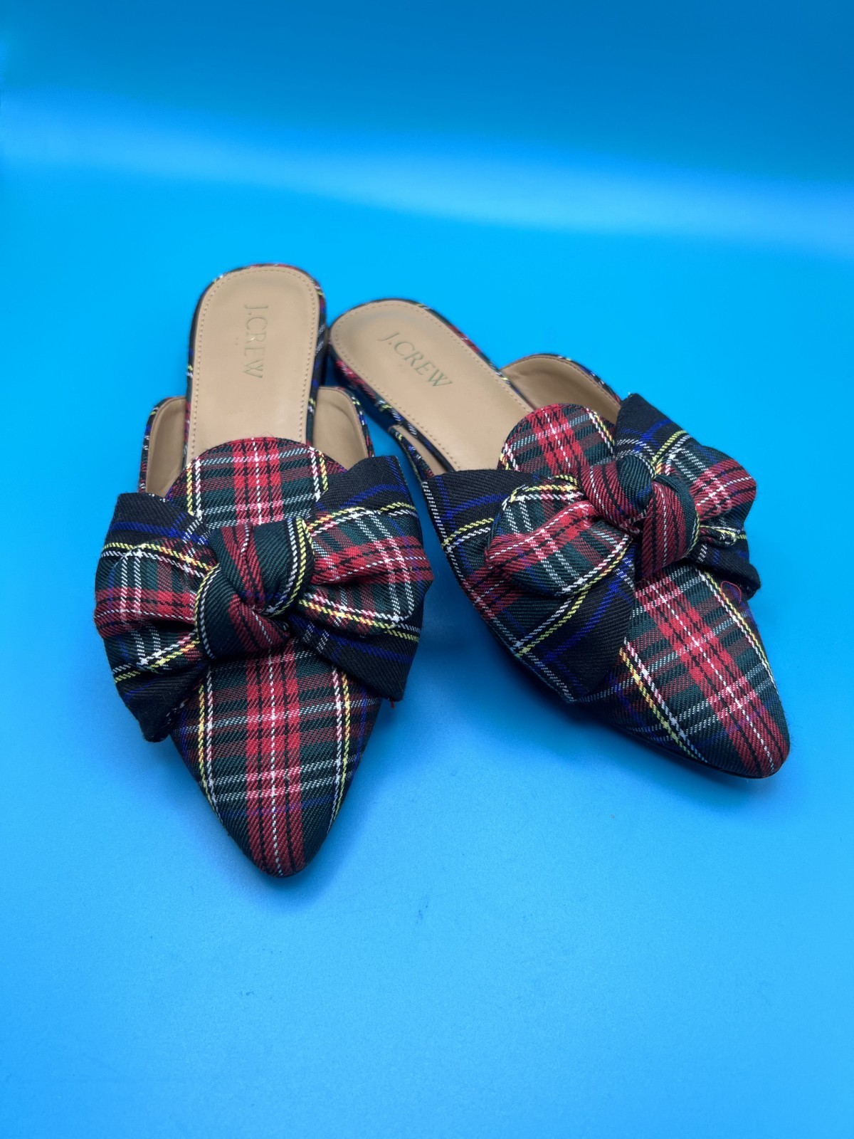 J.Crew Women’s Tartan Plaid Slip-On Mules Shoes Bow Pointed Toe Flat SIZE 7