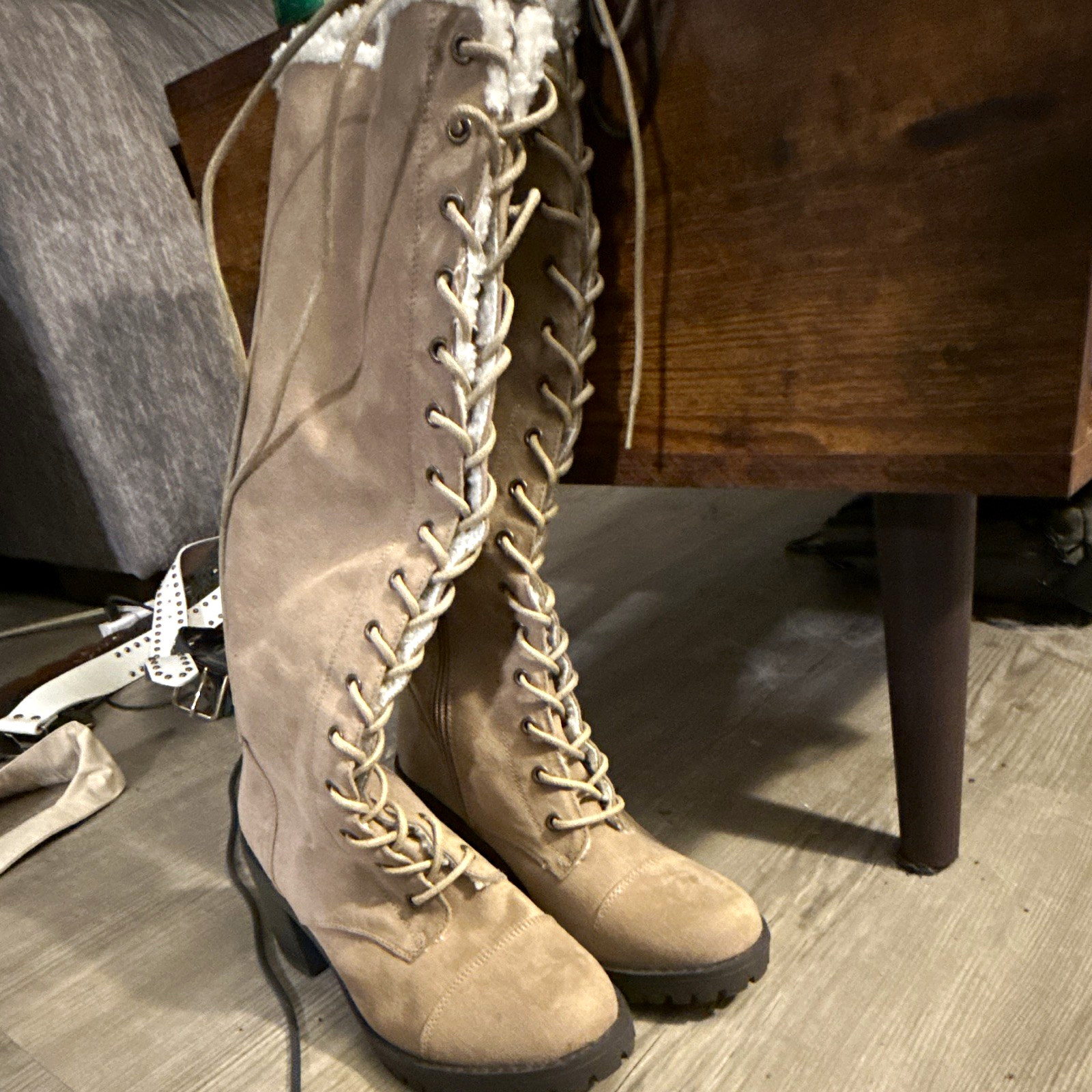 JustFab Women’s Beige Suede Knee High Riding Boot Lace-Up Faux Fur Lined 6.5