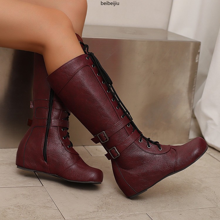 Women’s Mid Calf Hidden Wedge Heel Boots Lace Up Buckle Casual Shoes 48/49/50