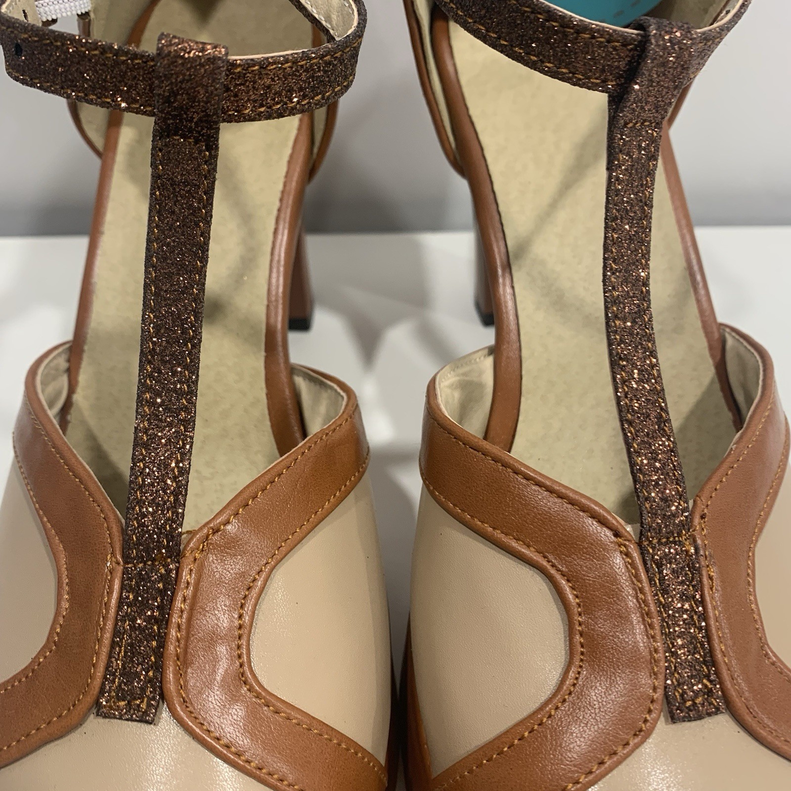 Chic Mary Jane Ankle Strap Block Heel Shoes Brown Women’s EU 38 US 7.5-8 Sparkle
