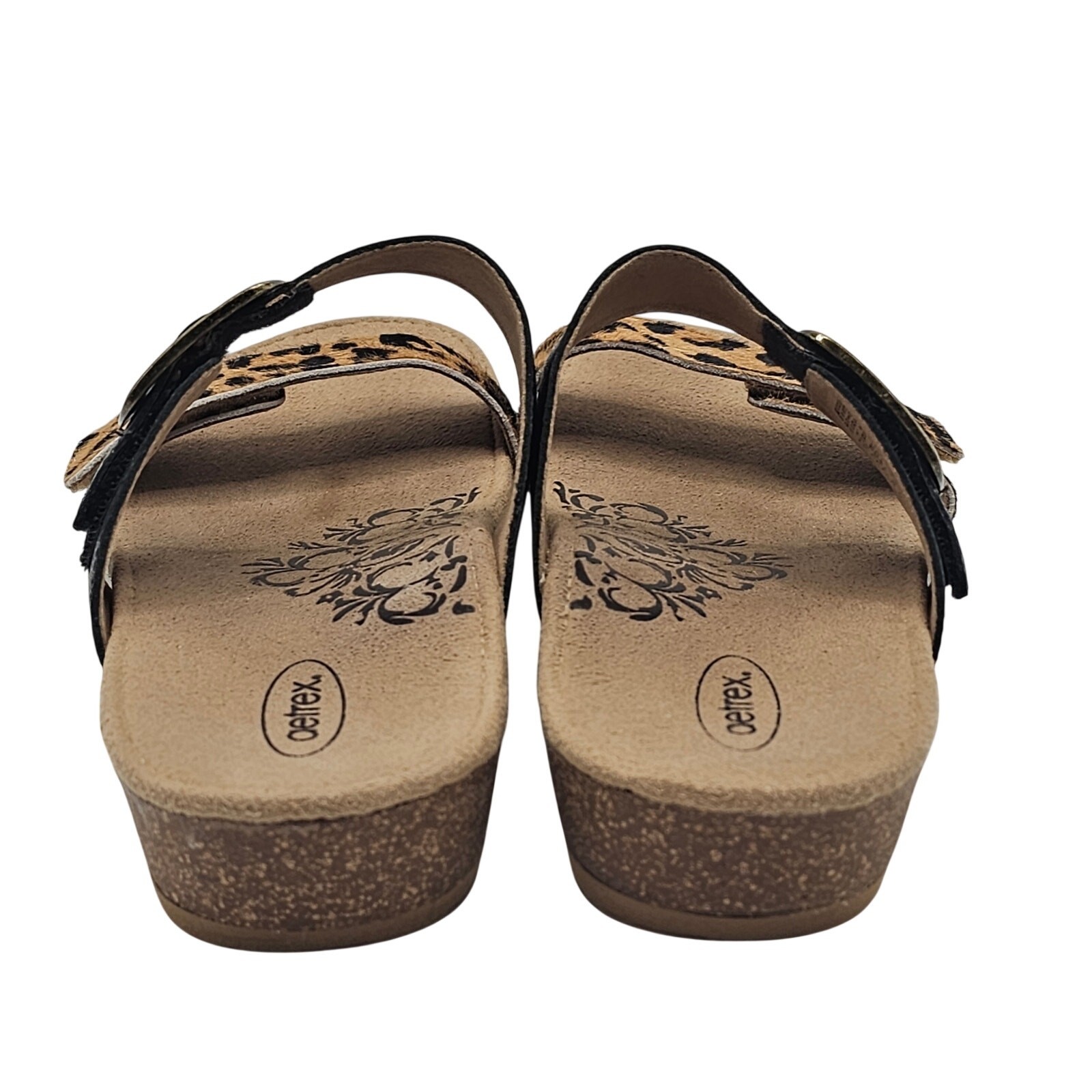 Aetrex Daisy Adjustable Slide Leopard Print Leather Orthotic Sandals W10 / EU41