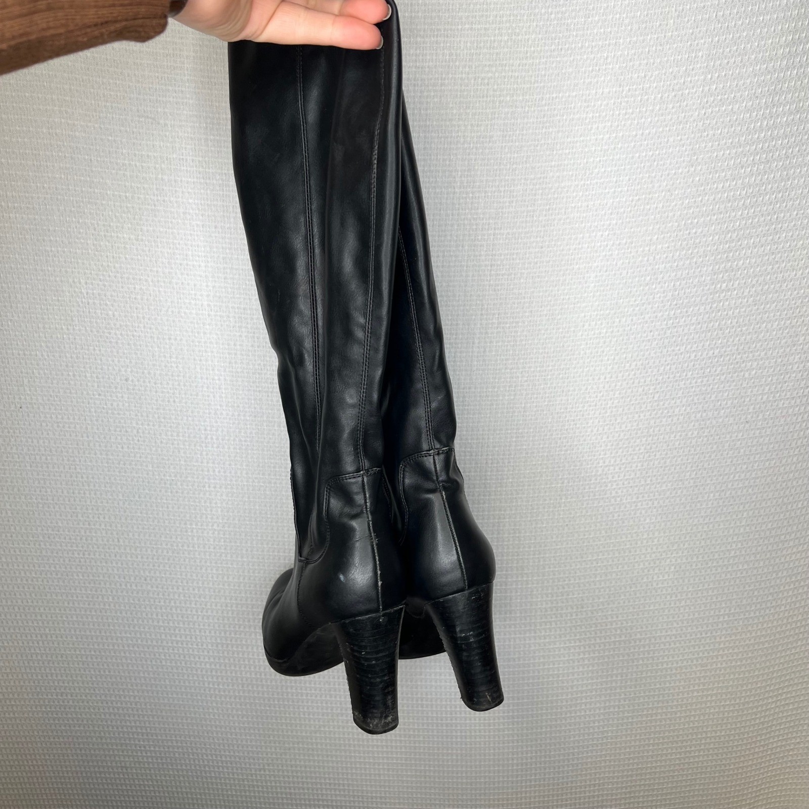 Franco Sarto Black Faux Leather Knee High Boots Chunky Heel Size 7