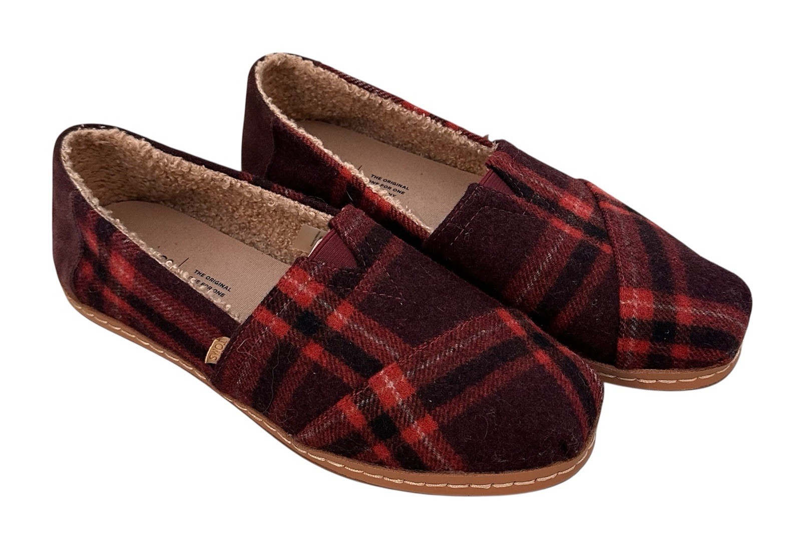 Toms Womens Alpargata Red Black Plaid Flannel Faux Shearling Slip Ons NWOT Sz 8