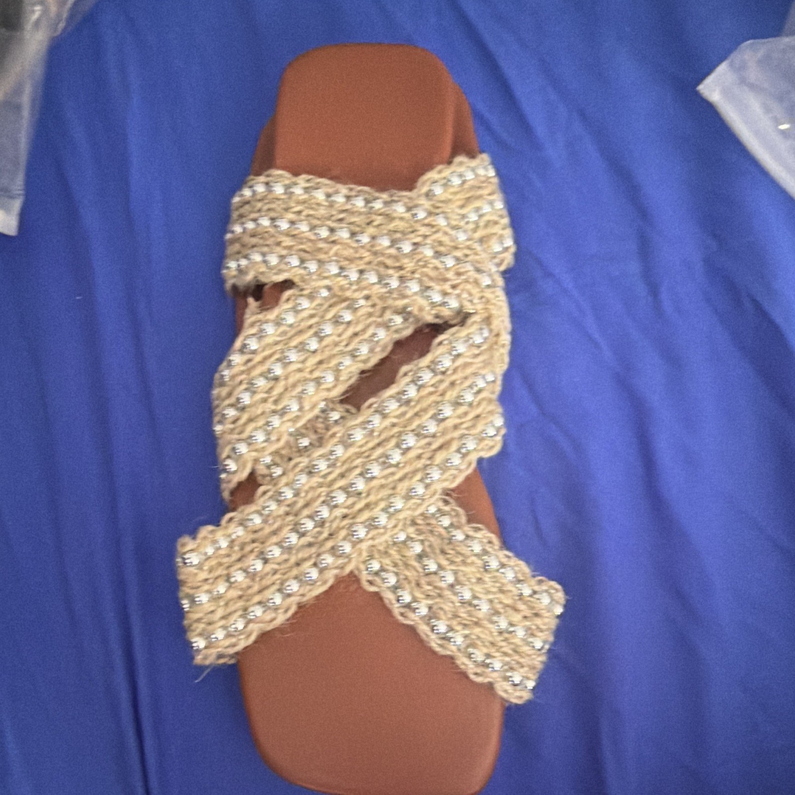 Women’s Tan/Brown Braided Strappy Slide Sandals Slip-On Solid Rubber Outsole 8