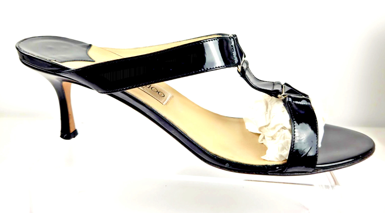 Jimmy Choo Black Patent Leather T Strap Kitten Heel Sandals Size 41 Vintage