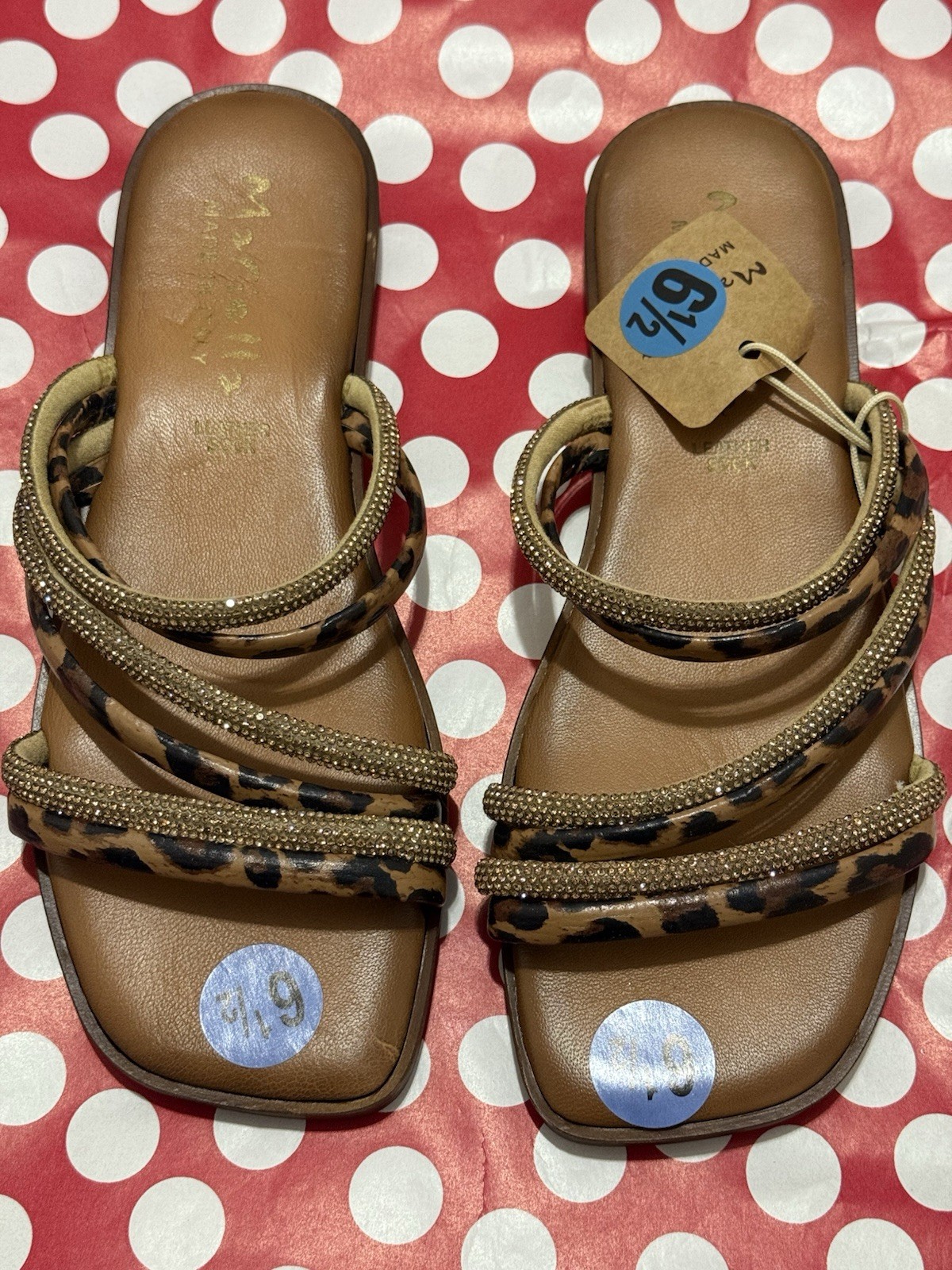 Mariella Women’s Leopard Print Rhinestone Strappy Slide Sandals Brown 6.5