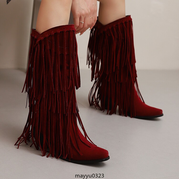 Womens Tassel Fringe Mid Calf Boots Mid Block Heel Western Cowgirl Shoes Hot