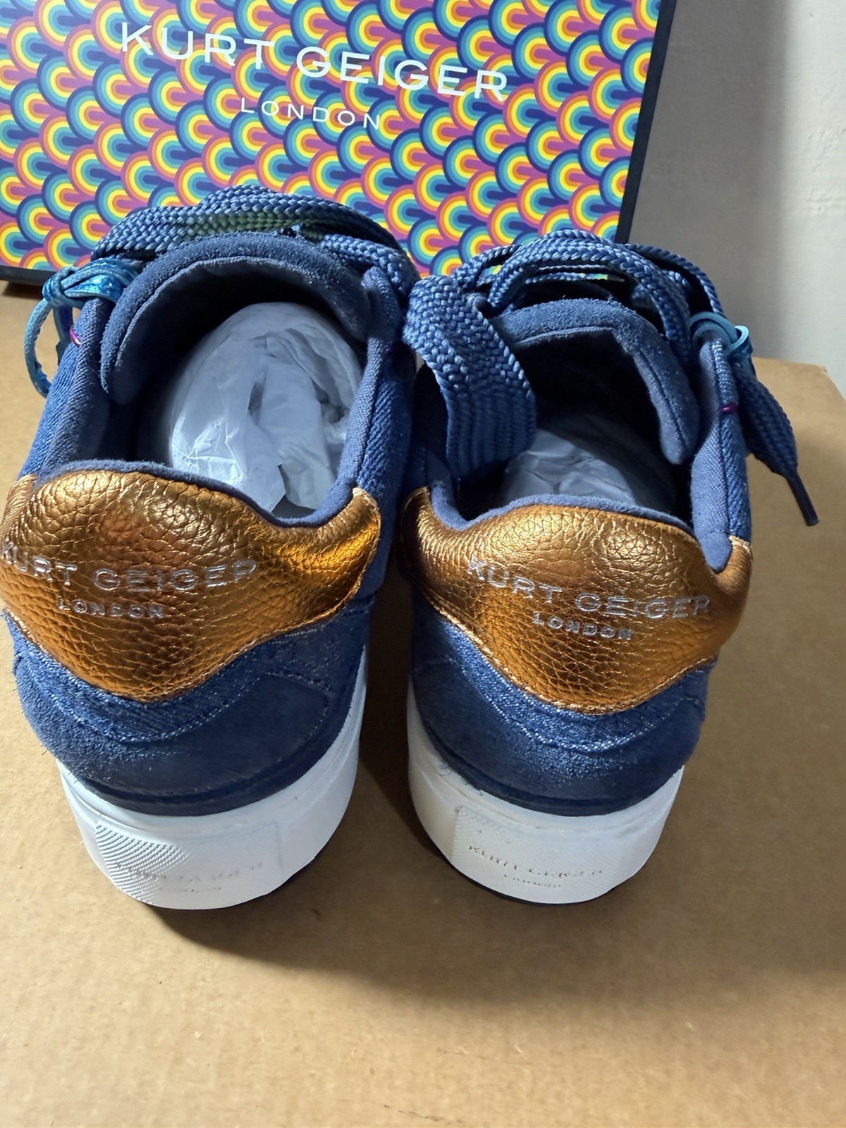 Kurt Geiger London Women’s Blue Low Top Lace Up Sneakers Gold Heel New w/ Box