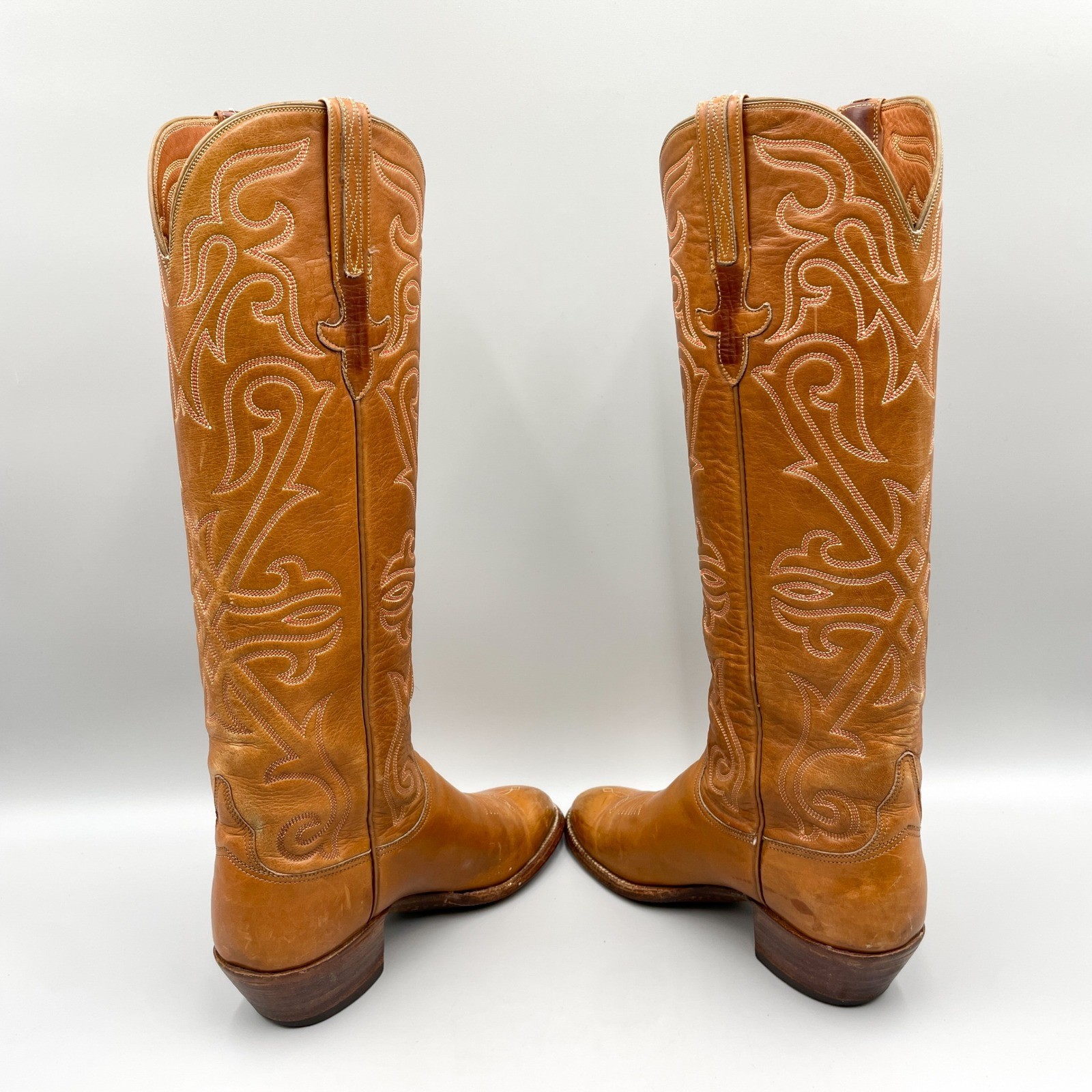 Vintage Lucchese Womens 6B Tan Leather Tall Western Cowboy Riding Boots Coastal
