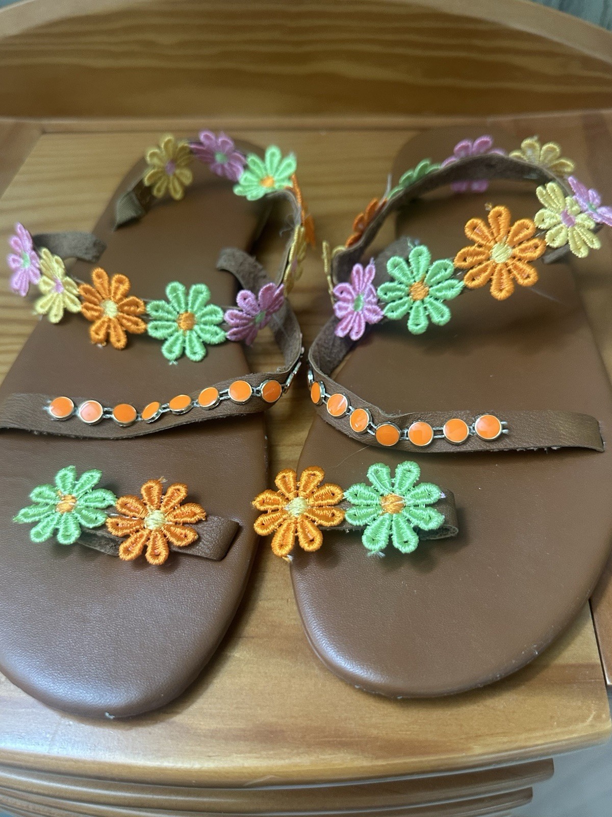 Slip-On Toe-Loop Floral Appliqué Ankle Strap Summer Sandals (EUR 43)