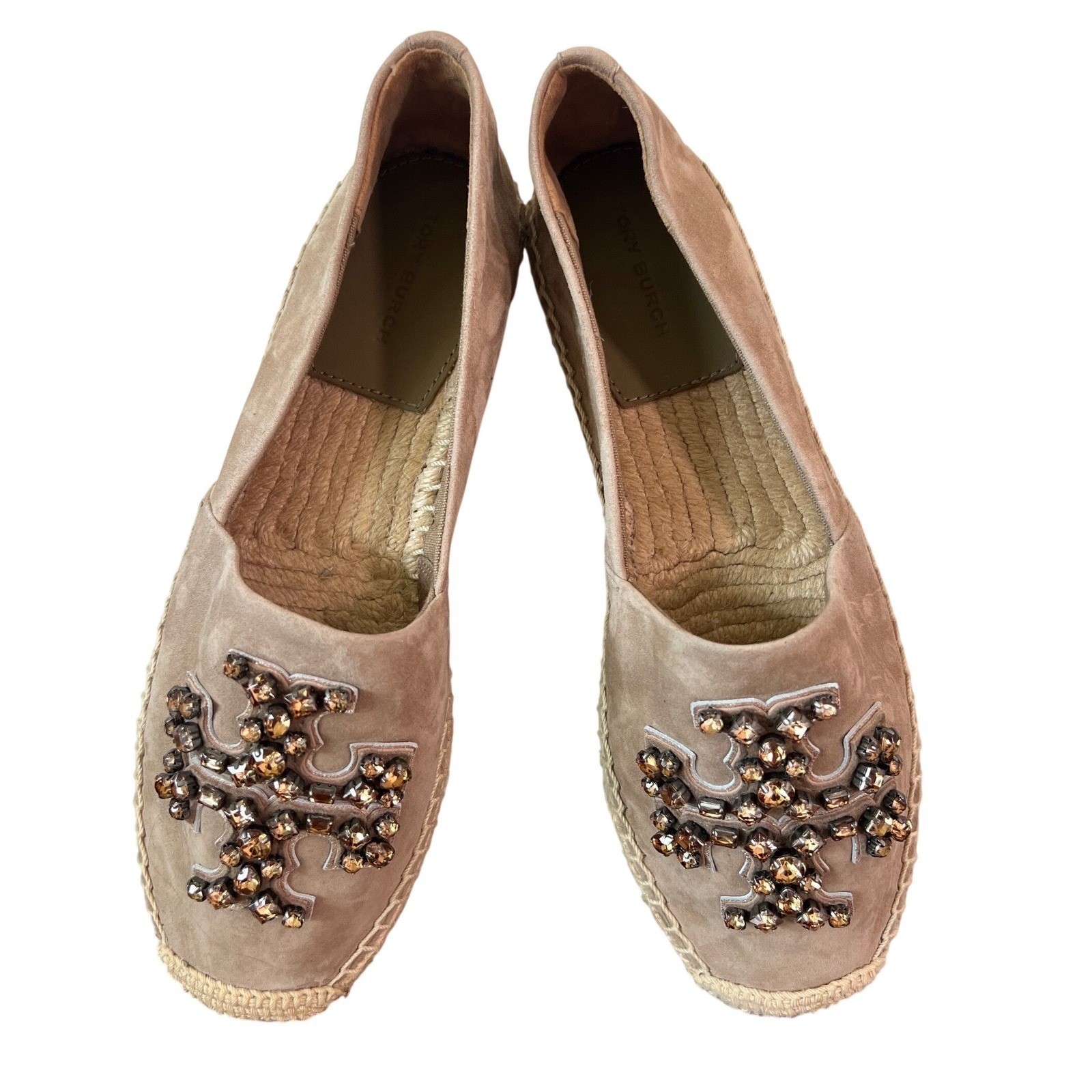 Tory Burch Ines Embellished Suede Espadrilles Taupe Tan Crystal Logo Flats 6.5M