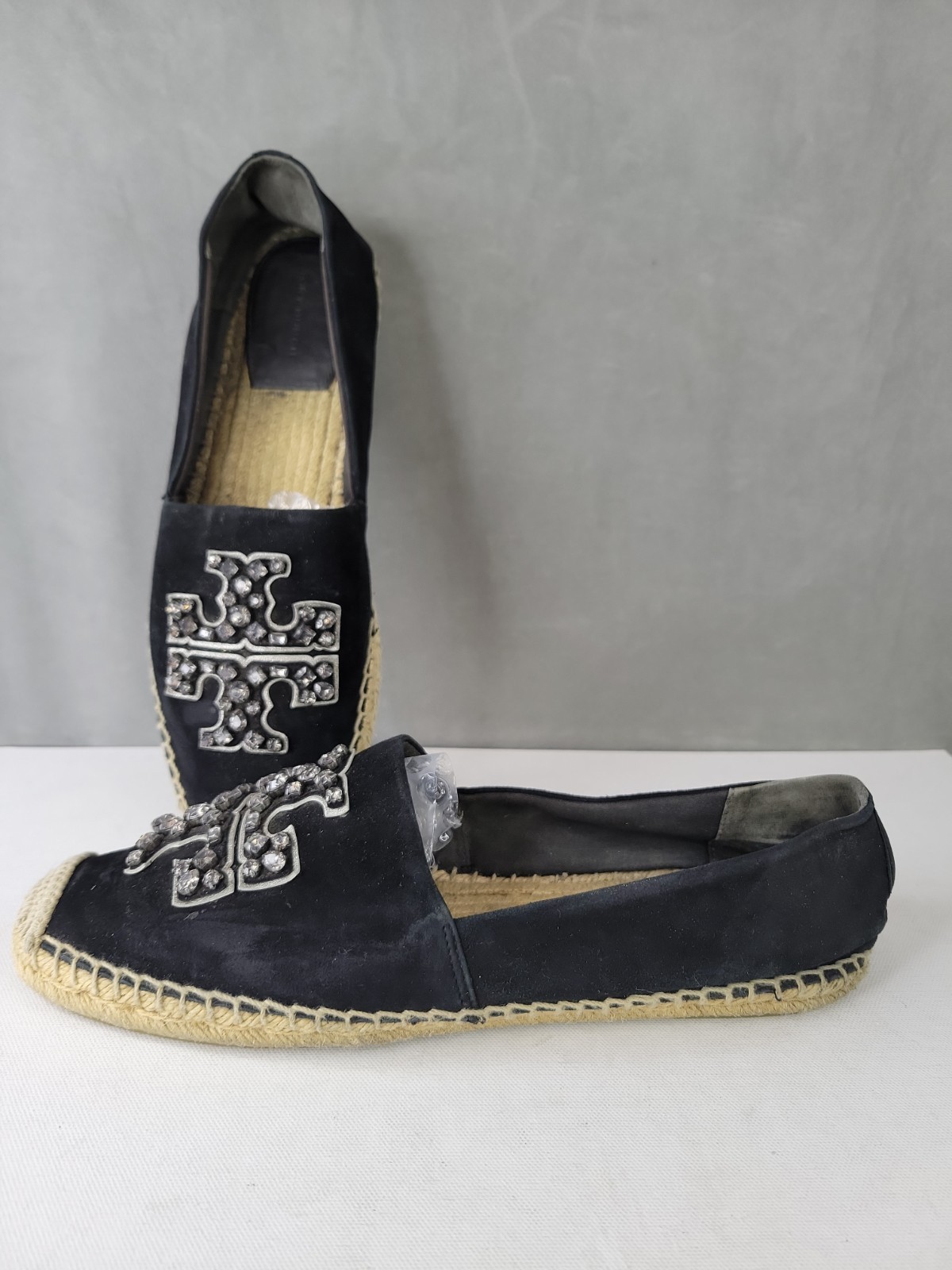 Tory Burch Women’s Black Leather Eleanor Tonal Logo Espadrilles Shoes Size 10.5