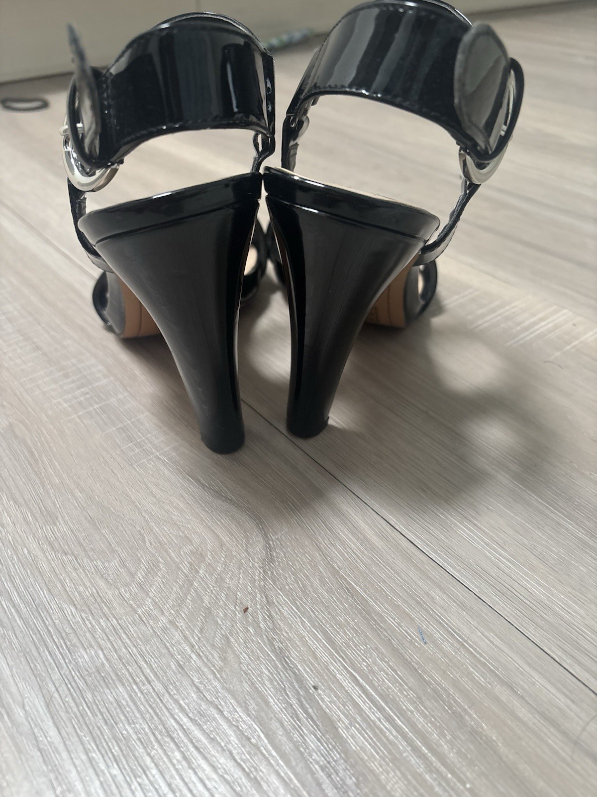 Karl Lagerfeld Paris Women’s Black Patent Strappy Ankle Strap Stiletto 7
