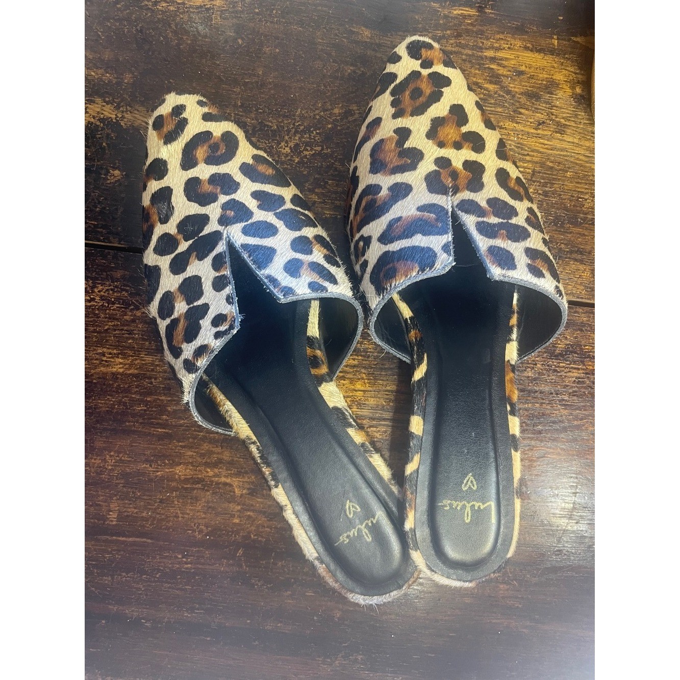 Lulus Lacee Leopard Calf Hair Pointed Toe Slides Size 10