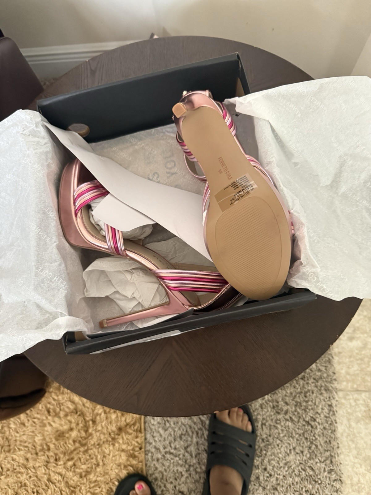 Kenneth Cole Pink/Rose Gold Striped Leather Strappy Ankle Strap Heels 9
