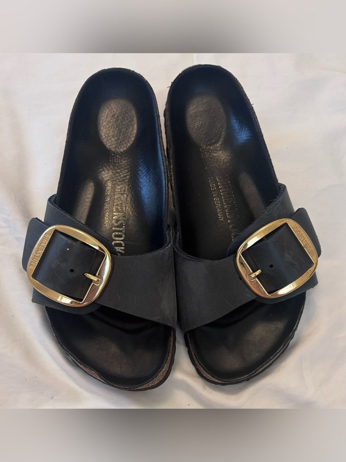 Birkenstock Madrid Big Buckle Navy Leather Slide Sandals Gold Buckle EU 38
