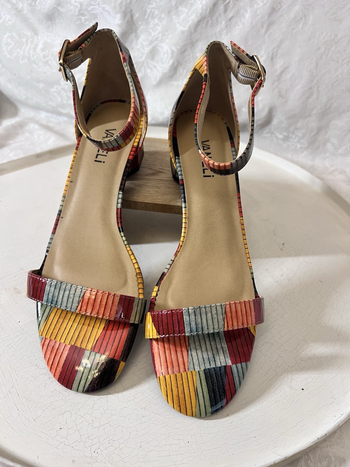 VANELI Sandals Colorful Patchwork Print Patent Ankle Strap Round Block Heel 8 N