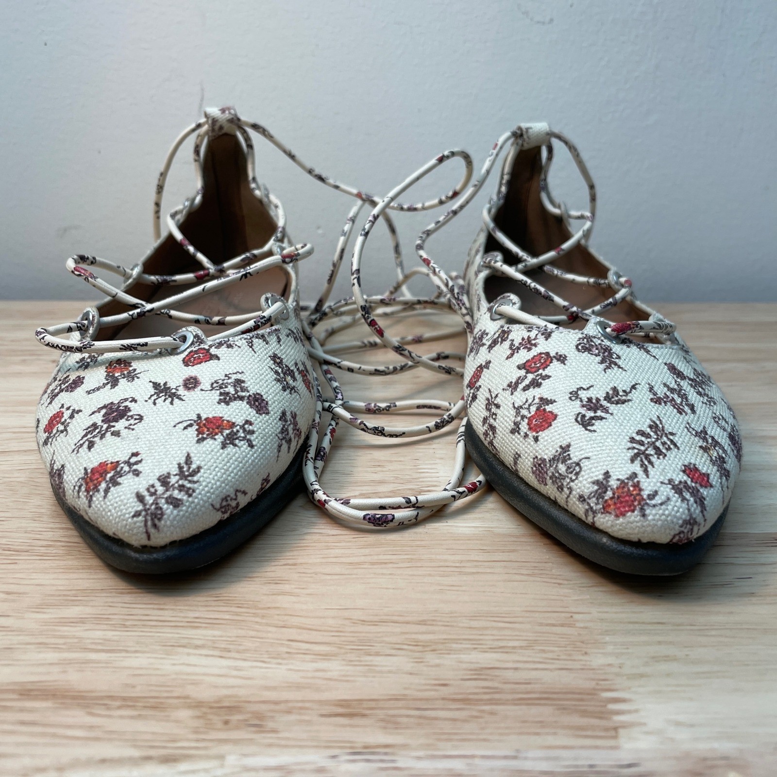 Aerosoles Aware Laura Ashley Floral Lace Up Ghillie Ballet Flats Cream Red 6.5