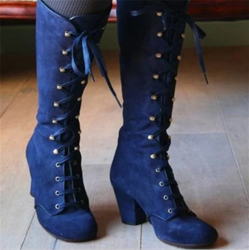 Retro Block Heels Womens Knee High Boots Steampunk Gothic Shoes Lace Up Booties