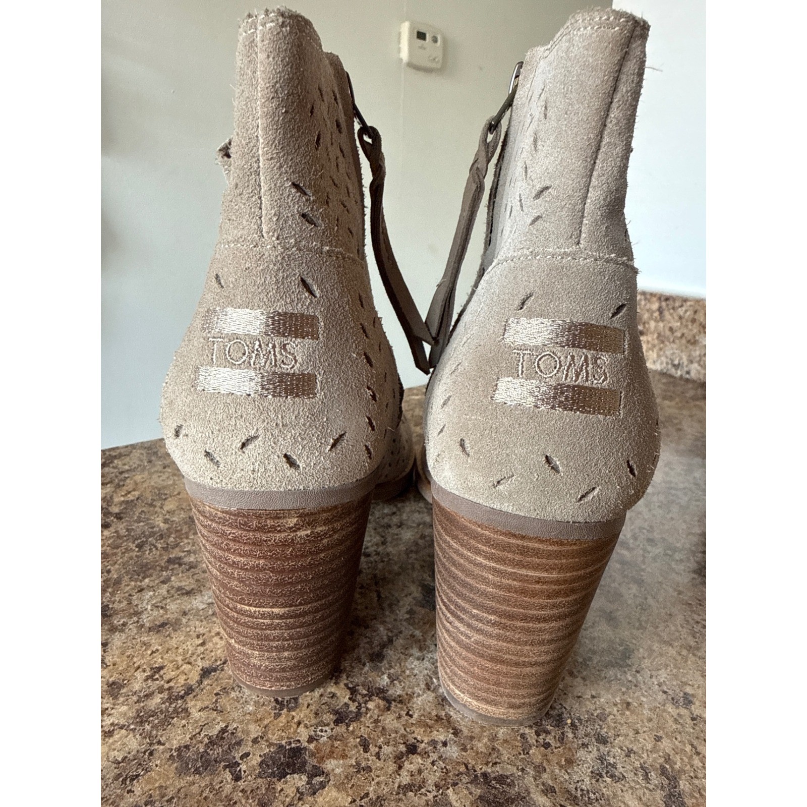 TOMS Majorca Size 10 Peep Toe Booties Desert Taupe Suede Perforated Ankle Boots