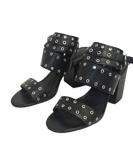 Rebecca Minkoff Black Carter Grommet Chunky Block 3.5″ Heel Sandal Size 6.5