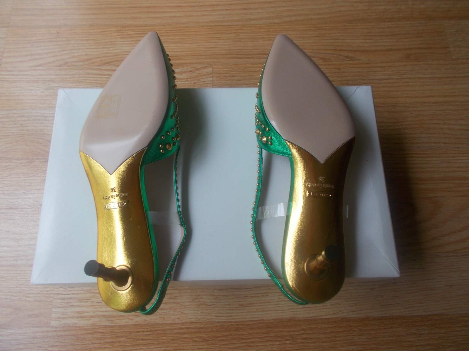 $1410 Gucci Unia Metallic Spike Studded Pearl Sandals Bamboo Heels 36 US 6 NEW