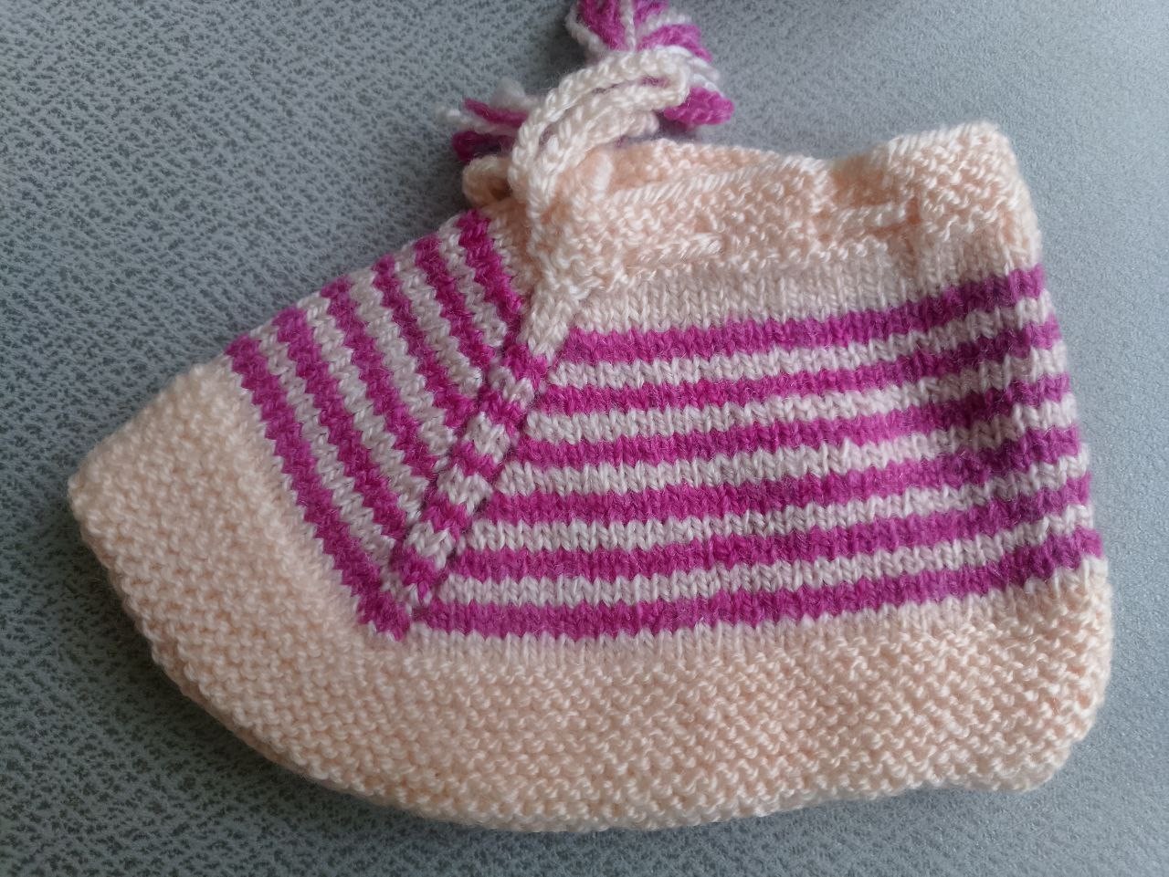 Pink Striped Knit Slippers – Soft Wool House Shoes Hand-Knitted Pink