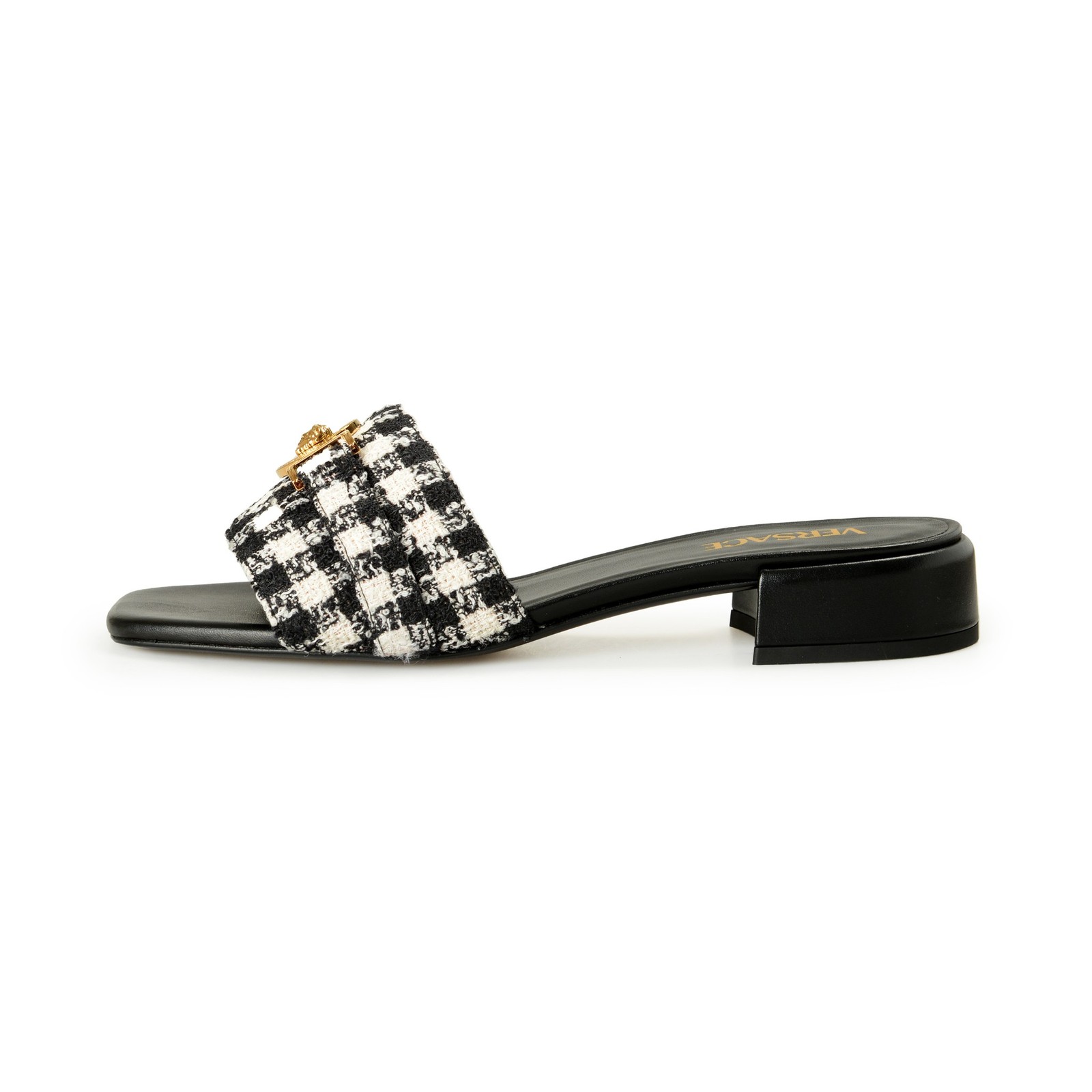 Versace Women’s Check Gold Medusa Heeled Sandals Mules Shoes US 6 IT 36