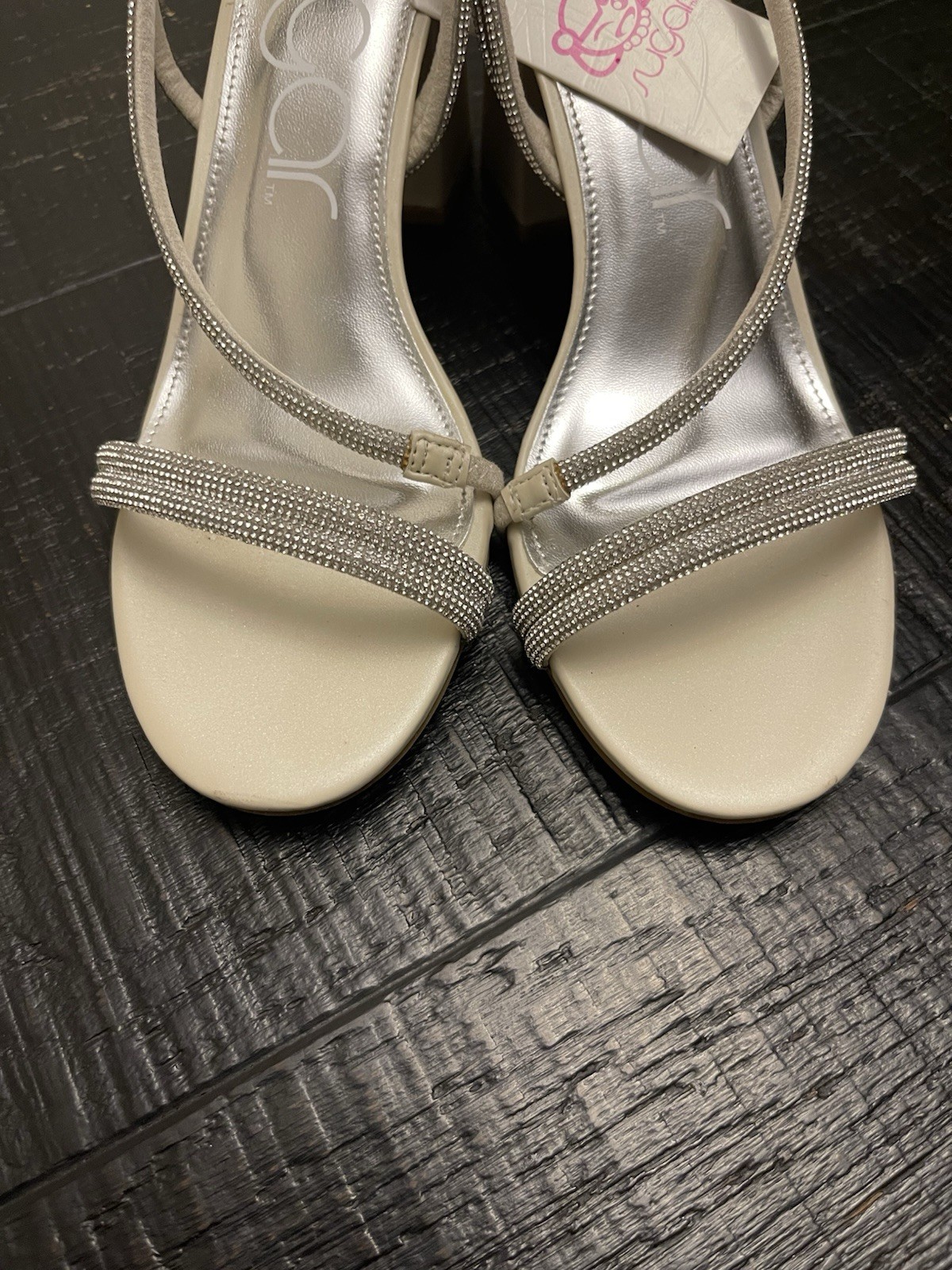 Sugar Women’s Beige/Silver Strappy Synthetic Sandals Slip On Rhinestone 8