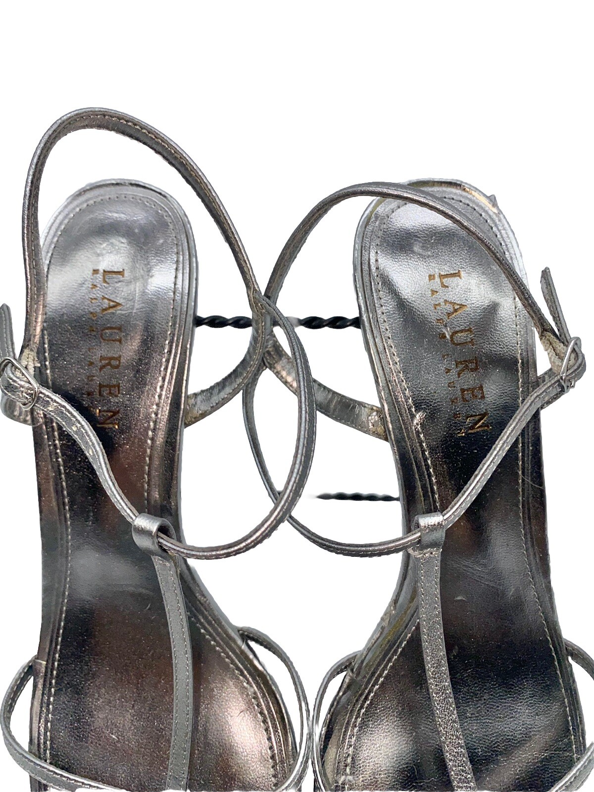 Ralph Lauren Shoes Nyah Metallic Silver Stappy Buckle OpenToe Heels Size 8B Read