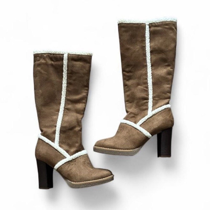 Fioni Women’s Brown Faux Suede Mid-Calf Zip Block Heel Round Toe Boots 6