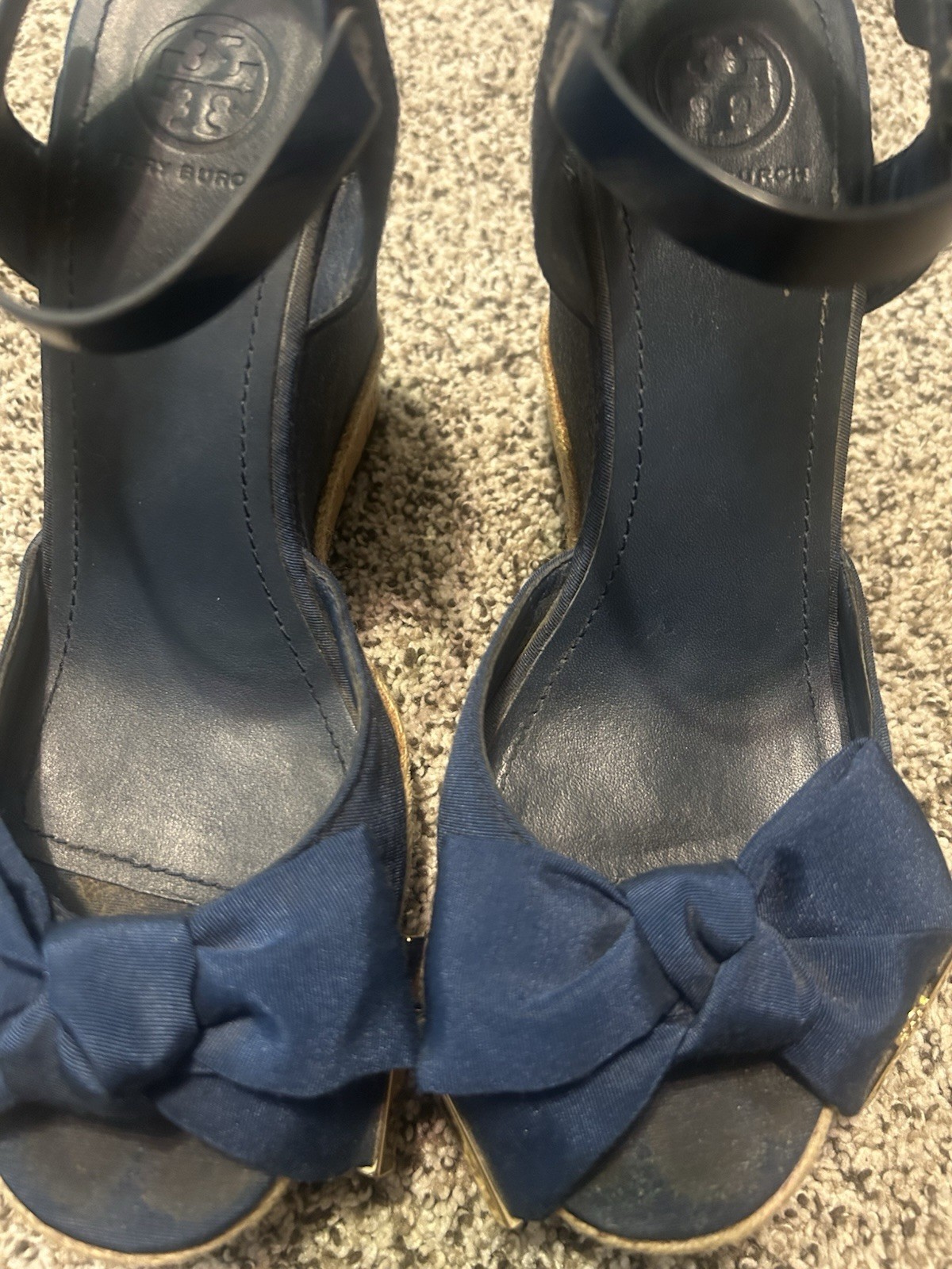 Tory Burch Blue Wedge Ankle Strap Sandals Bow Logo Buckle Women’s US 8