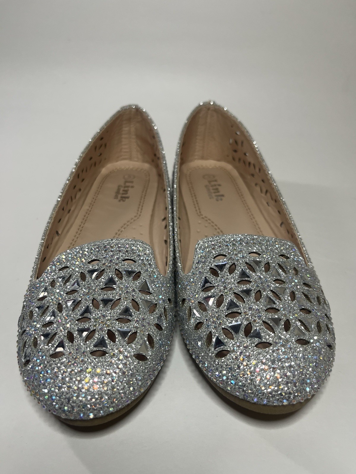 Link Silver Glitter Cut-Out Slip On Flats Round Toe Synthetic Shoes for Women