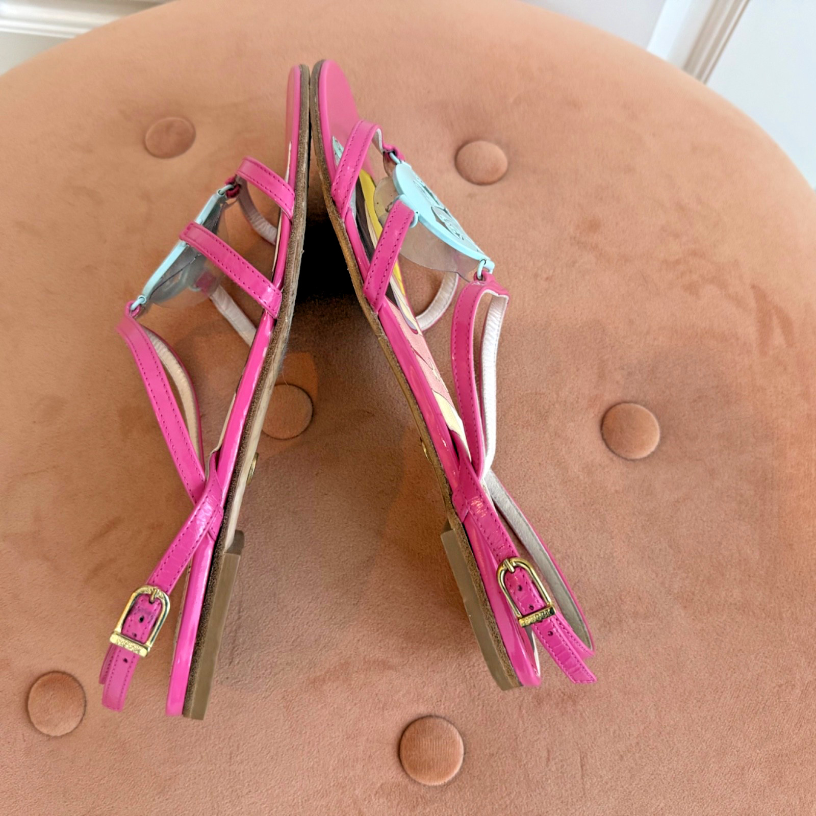 Emilio Pucci Leather Sandals Flats W Dust Bag Pink Green Logo Medallion- Size 37