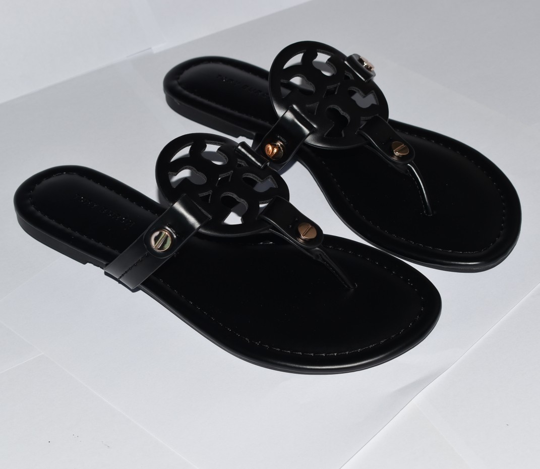 Tory Burch Miller Black Leather Thong Sandals, Classic Logo, Size US 8.5-9 NWOB
