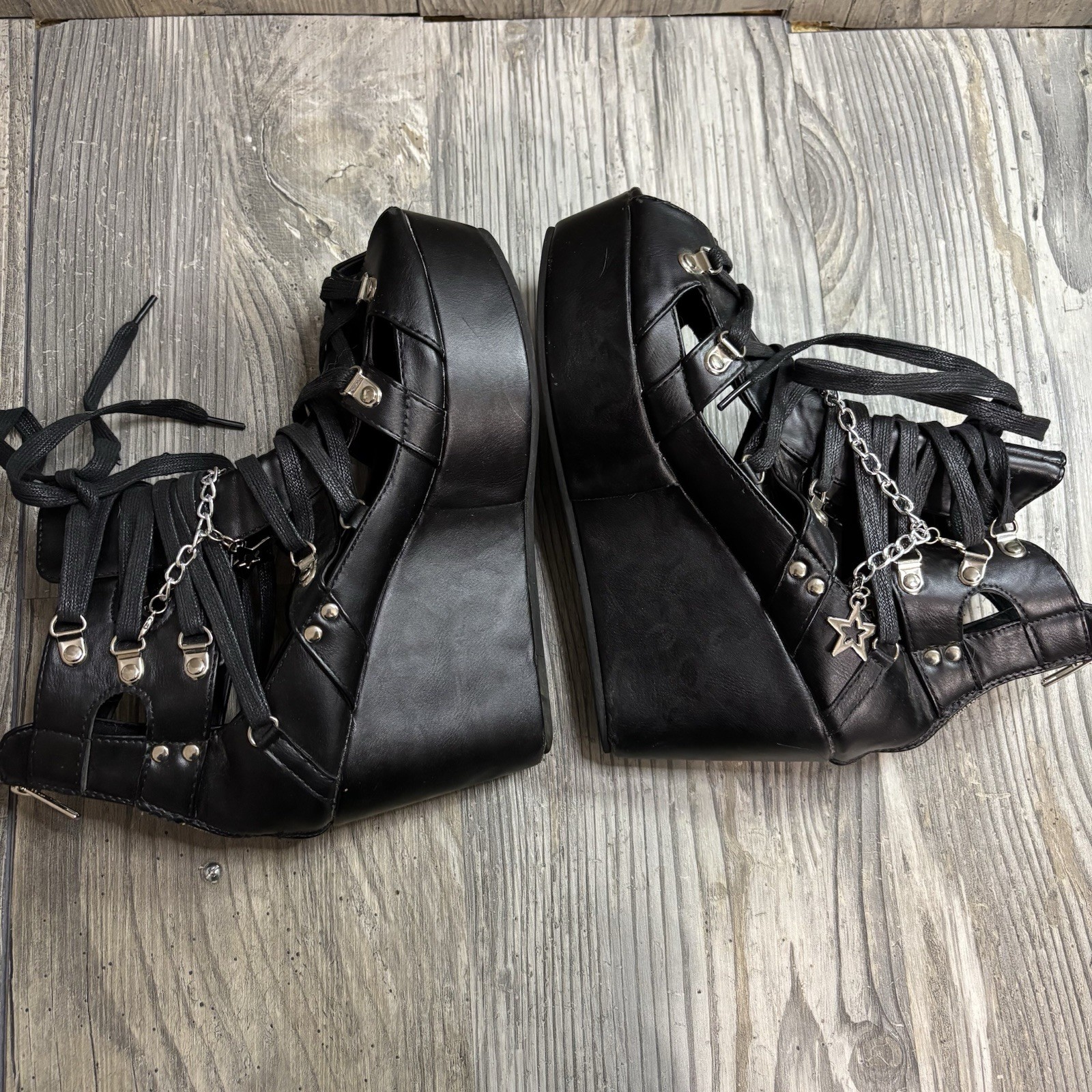 Goth Grunge Platform Gladiator Wedge Chain Charm Black Sandals Women’s 41/ 10