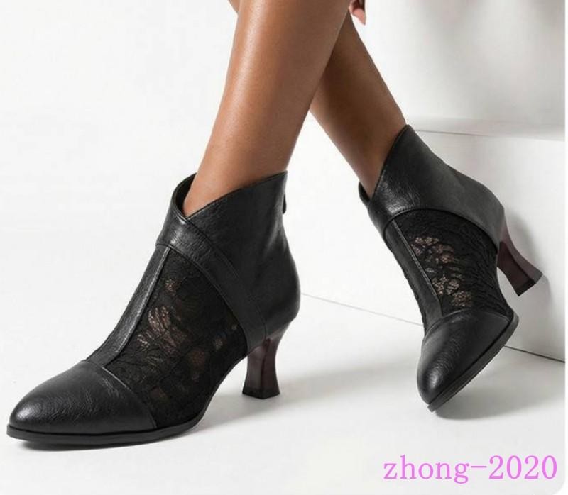 Retro Womens Faux Leather Mesh Patchwork Zip Ankle Boots Casual Dress Work Shoes