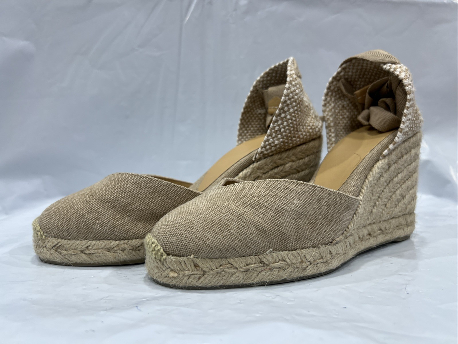 Castañer Chiara Sandals Women US 6 Sand Ankle Wrap Wedge Heel Espadrille EBS2330
