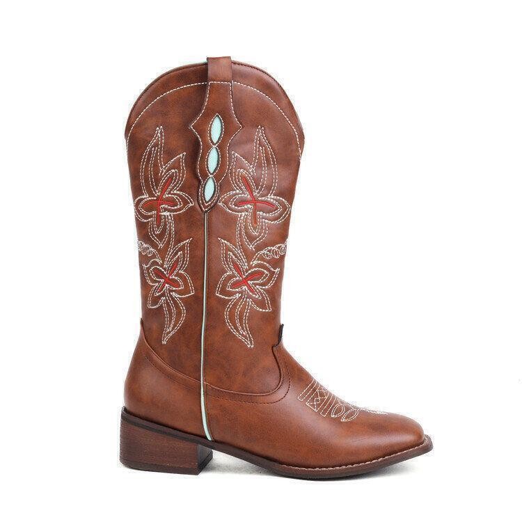 Womens Faux Leather Pull on Embroidery Mid Calf Boots Casual Outdoor Party Shoes