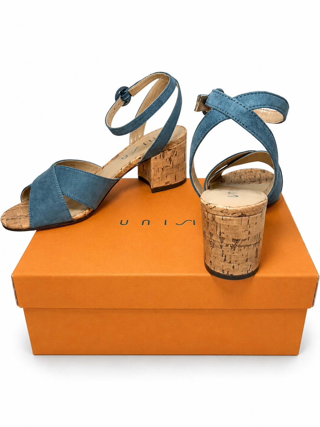 Unisa Womens Denim Ankle Strap Block Heels Open Toe Sandals – NEW