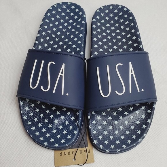 Rae Dunn USA Slides Women Slip-on Flat Sandals Navy Blue Stars Size 6, 8, 9, 10
