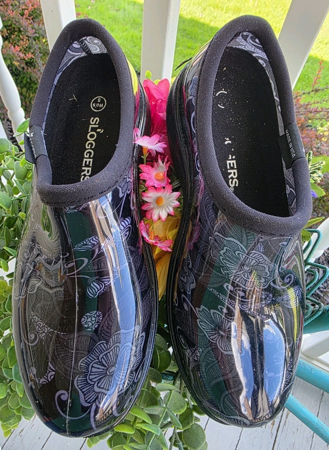 Sloggers Women 8 Garden Shoes Black Grey Floral Paisley Waterproof Rain Slip On