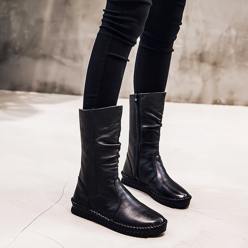 Women Boots Autumn Leather Retro Mid-Calf Boots Flat Shoes Real Leather Boots