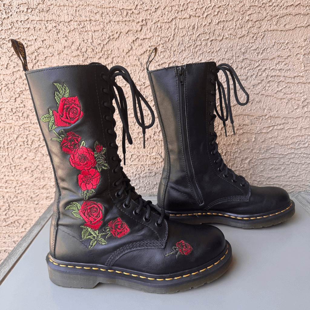 Dr Martens 1914 Vonda 14 Eye Lace Up Tall Boots Black Red Rose Womens 7US/38EU