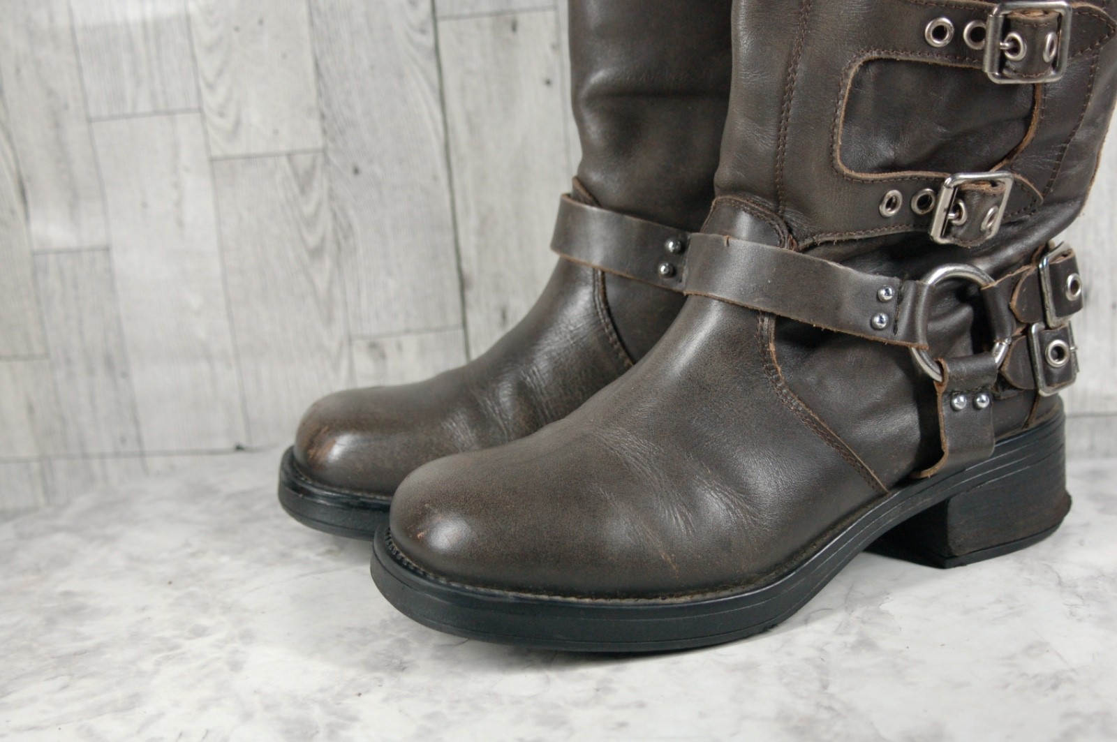 Steve Madden Brocks Biker Boots Women 8.5M Punk Harness Shoes Brown Distressed