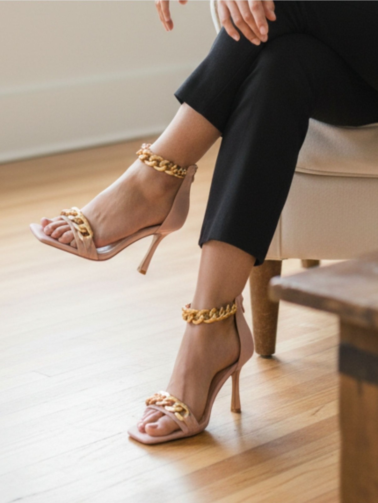 Blush Pink High Heel Sandals With Gold Chain Ankle Strap Square Toe Back Zipper