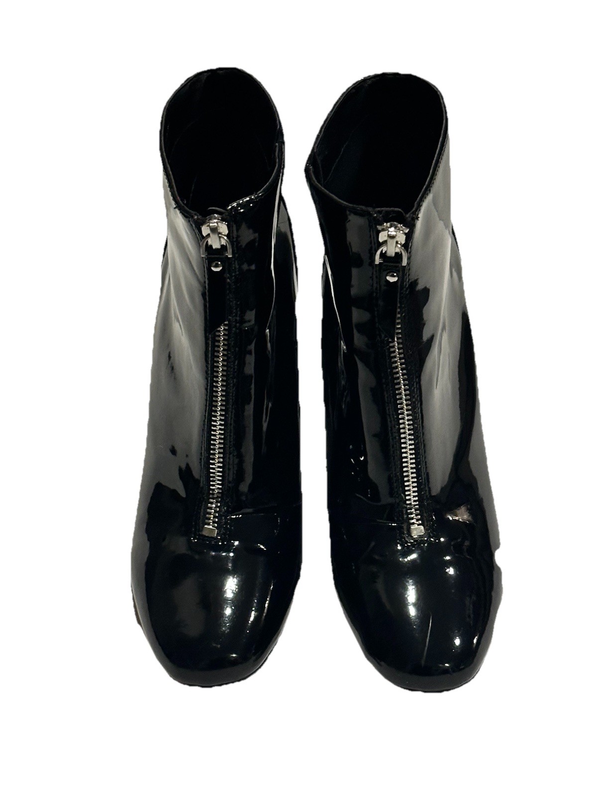 Tahari Black Patent Leather Ankle Boots Block Heel Front Zip Starly Size 9.5M