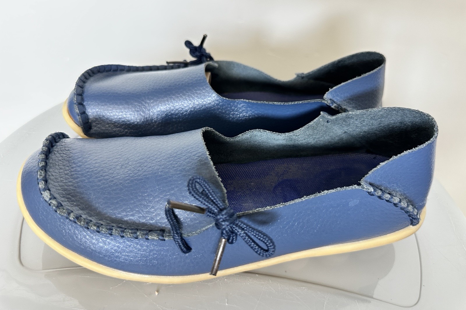 WOMENS SOFT LEATHER LOAFERS BLUE STICHED FLAT SLIP ON MOCCASIN CASUAL SHOES SZ 6