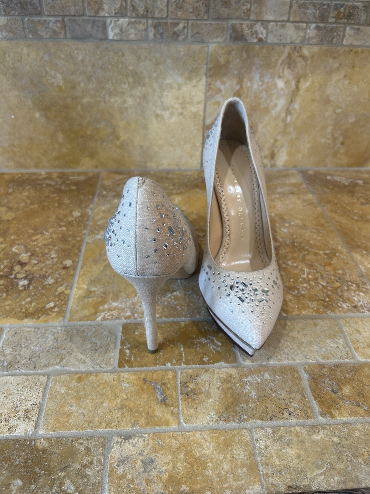Charlotte Olympia Ivory Rhinestone Pointed Toe Stiletto Pumps Slip On 4.5