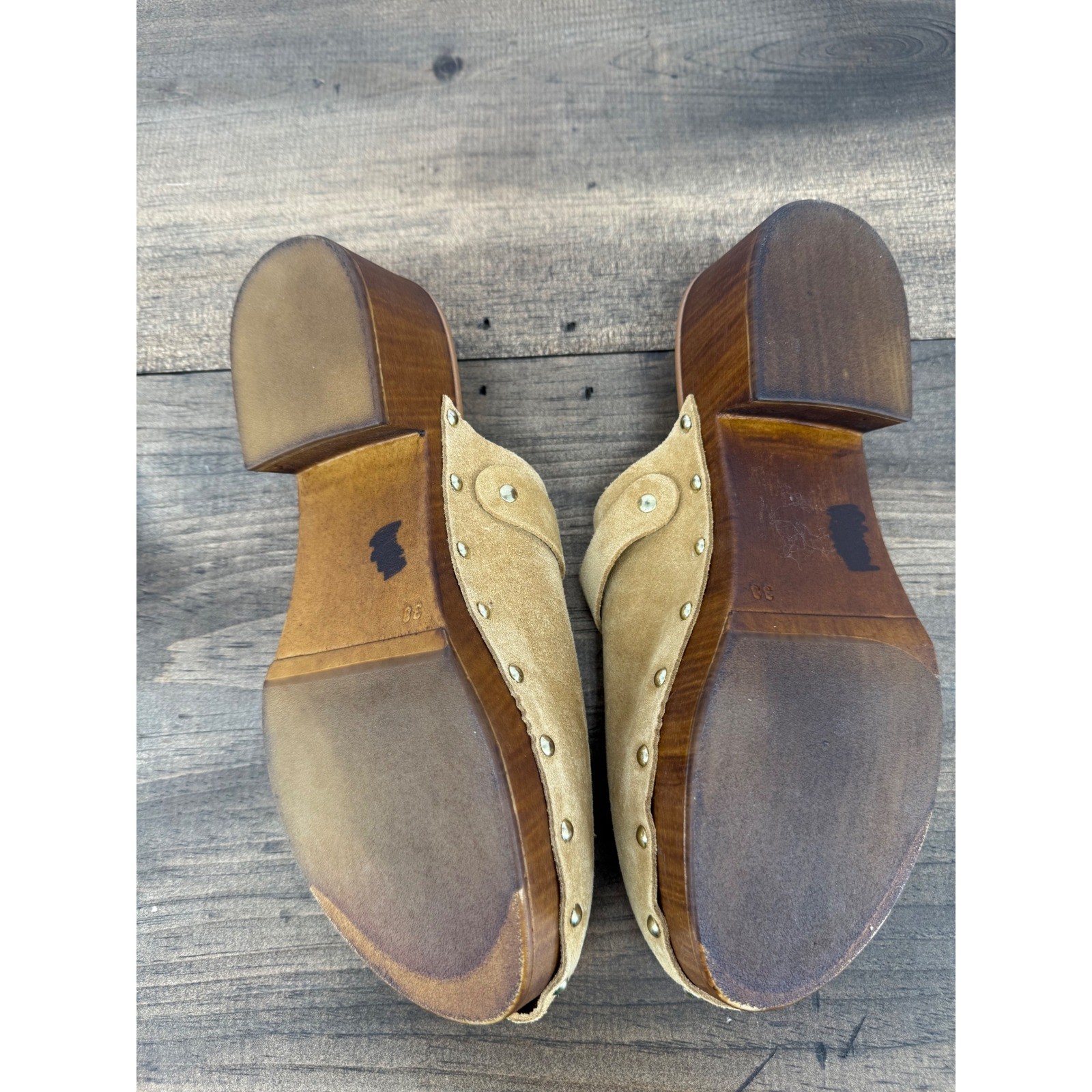 Anellini Suede Clogs Studded Wood Heel Mule Boho Retro Cottagecore EU 38/ US 7.5